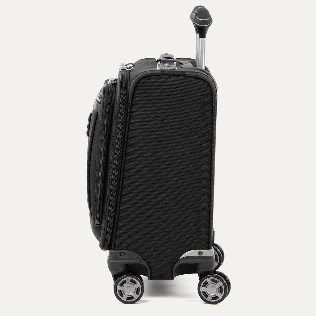 side profile view of the shadow black travelpro platinum® elite carry-on spinner tote, showing the high-performance magnatrac® self-aligning spinner wheels and the extended airline-grade powerscope extension handle.