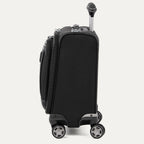 side profile view of the shadow black travelpro platinum® elite carry-on spinner tote, showing the high-performance magnatrac® self-aligning spinner wheels and the extended airline-grade powerscope extension handle.