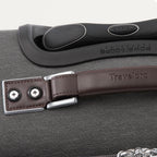 close-up top view of the vintage grey travelpro platinum® elite carry-on spinner tote, showing the brown leather top carry handle with silver-tone hardware, the embossed travelpro logo, and the contour grip on the powerscope extension handle.