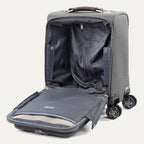interior view of the vintage grey travelpro platinum® elite carry-on spinner tote opened to show the padded corduroy laptop and tablet sleeves, ecofab™ recycled lining, and spacious main compartment for personal essentials.