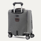 rear-angled view of the vintage grey travelpro platinum® elite carry-on spinner tote, showing the integrated trolley strap for stacking on luggage, the external usb port, and high-performance magnatrac® self-aligning spinner wheels.