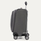 side profile view of the vintage grey travelpro platinum® elite carry-on spinner tote, showing the high-performance magnatrac® self-aligning spinner wheels and the extended airline-grade powerscope extension handle.