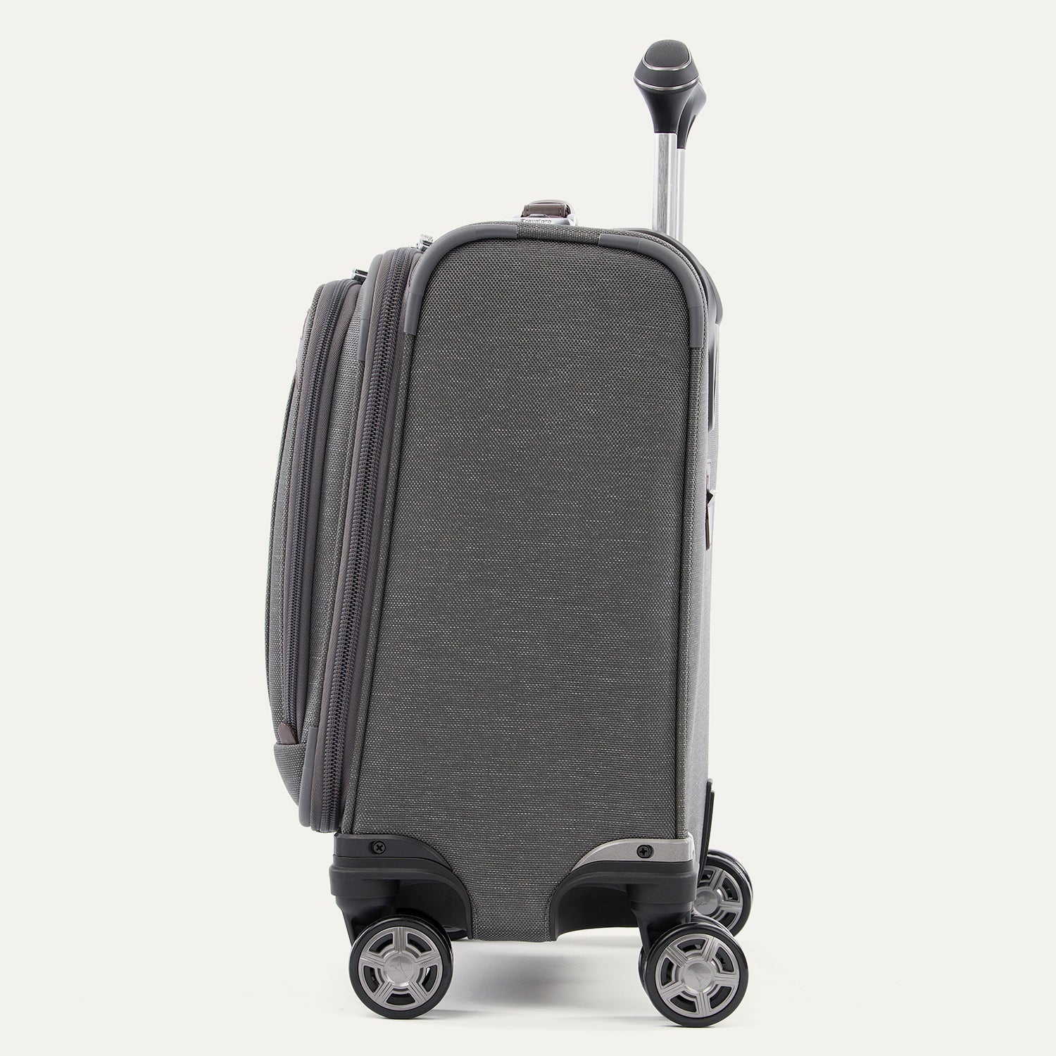 side profile view of the vintage grey travelpro platinum® elite carry-on spinner tote, showing the high-performance magnatrac® self-aligning spinner wheels and the extended airline-grade powerscope extension handle.