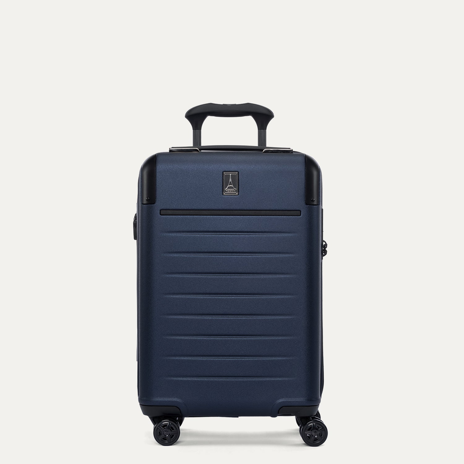 front view of the travelpro platinum elite compact carry-on hardside spinner in aviator navy, showing the durable polycarbonate shell, precision-engineered telescoping handle, and self-aligning spinner wheels.