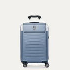 Front view of the Travelpro Platinum Elite Compact Carry-On Hardside Spinner in Dark Sky Blue, showing the durable polycarbonate shell, precision-engineered telescoping handle, and self-aligning spinner wheels.