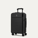 Front angled view of the Travelpro Platinum Elite Compact Carry-On Hardside Spinner in Shadow Black, highlighting the sleek polycarbonate shell, polished aluminum corner armor, and the integrated TSA lock.
