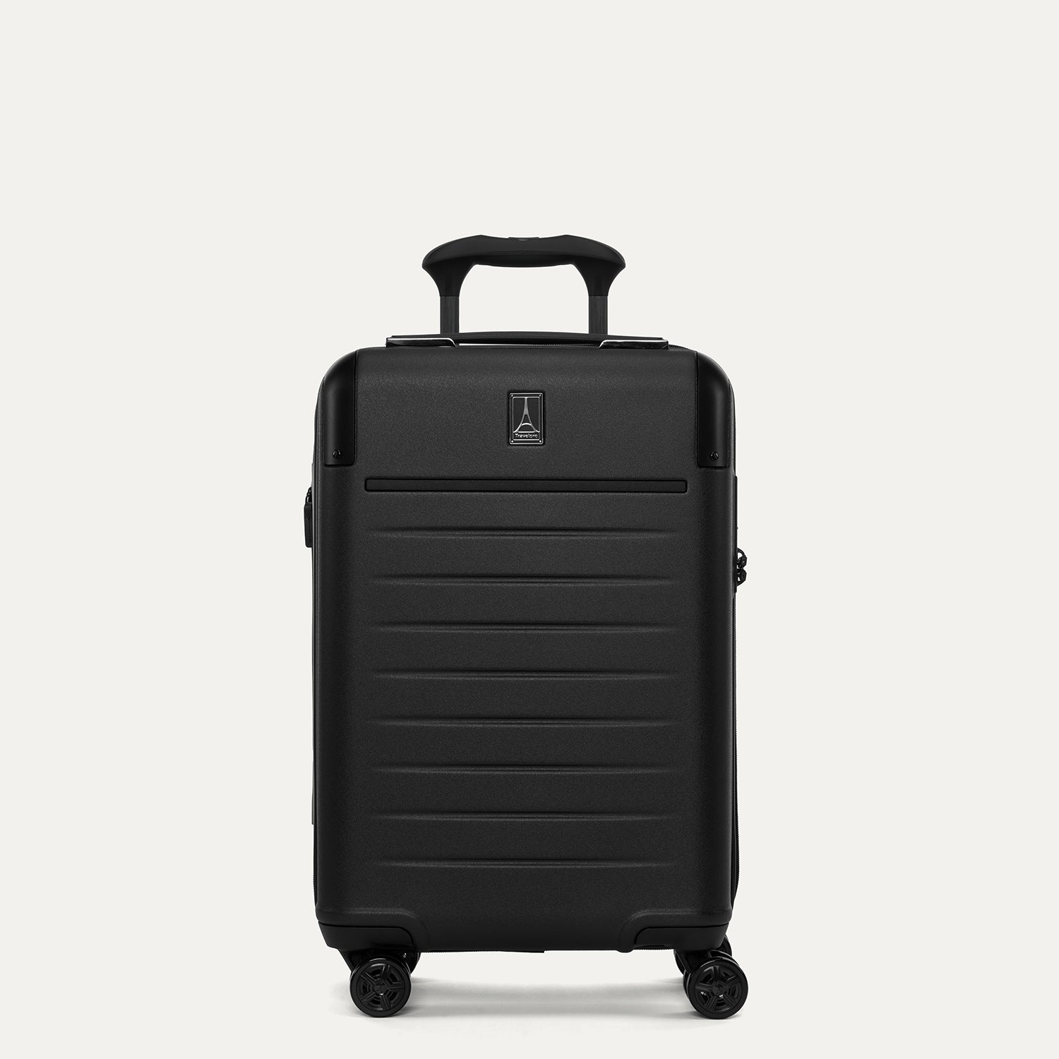 Front view of the Travelpro Platinum Elite Compact Carry-On Hardside Spinner in Shadow Black, showing the durable polycarbonate shell, precision-engineered telescoping handle, and self-aligning spinner wheels.