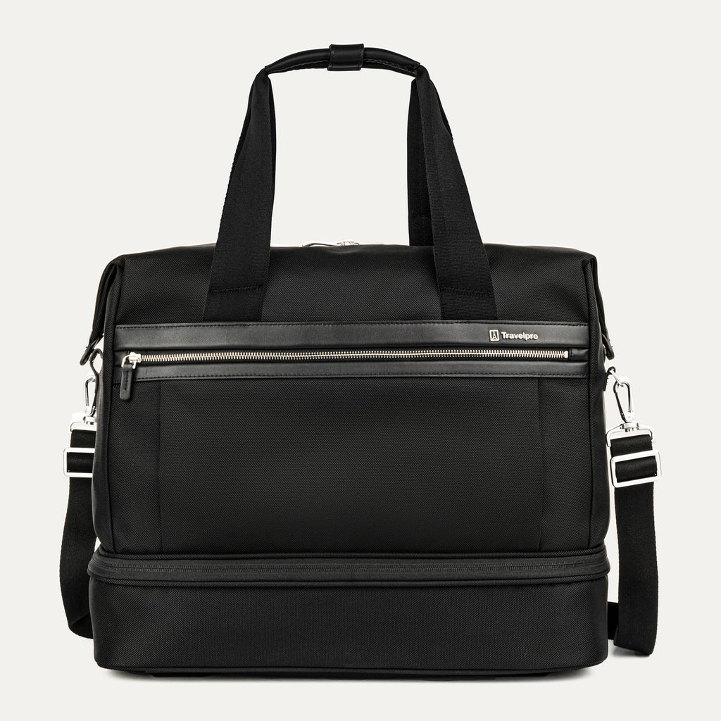 front view of the black travelpro platinum elite drop-bottom weekender bag, featuring its signature two-compartment design with premium black leather trim, chrome hardware, and a removable shoulder strap.