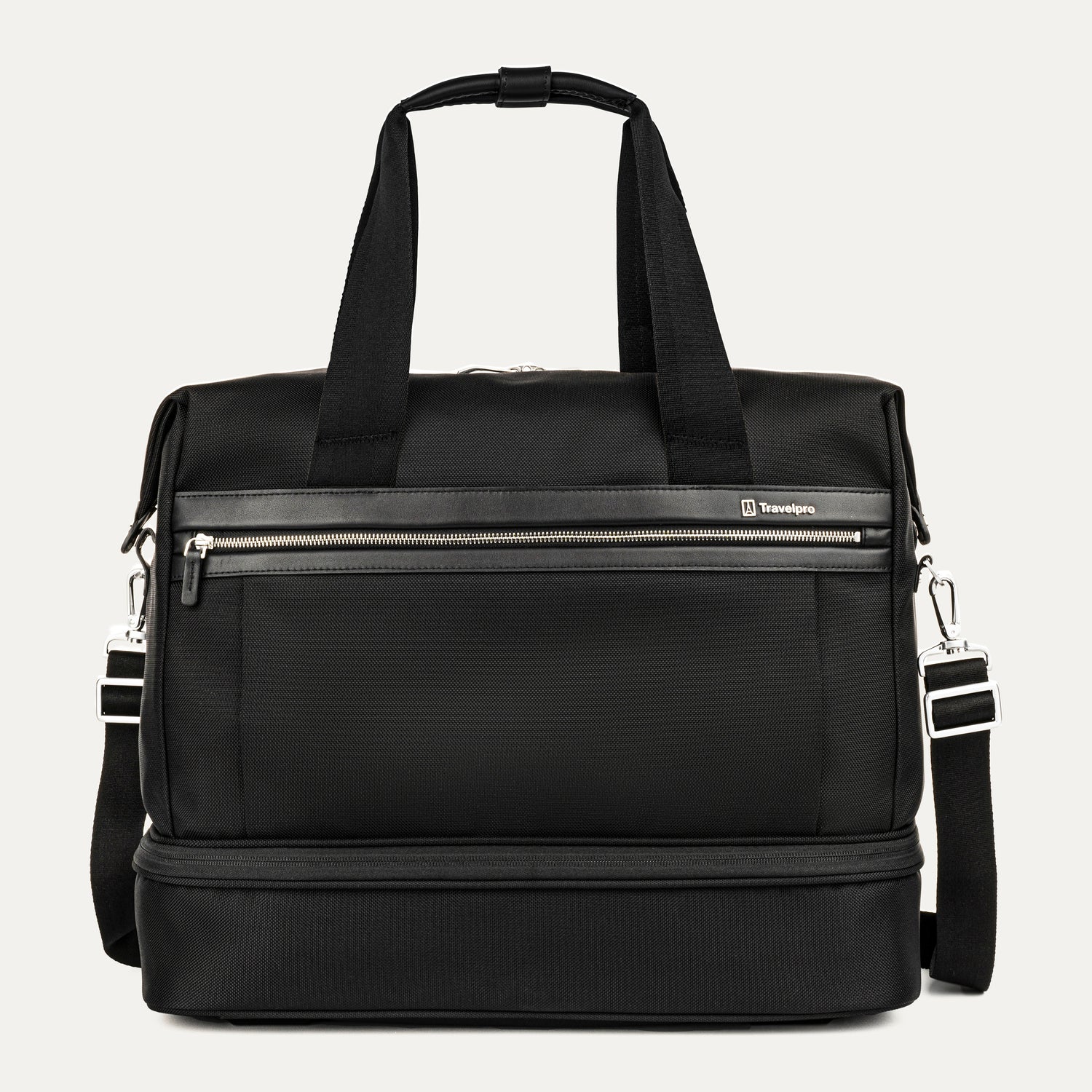 front view of the black travelpro platinum elite drop-bottom weekender bag, featuring its signature two-compartment design with premium black leather trim, chrome hardware, and a removable shoulder strap.