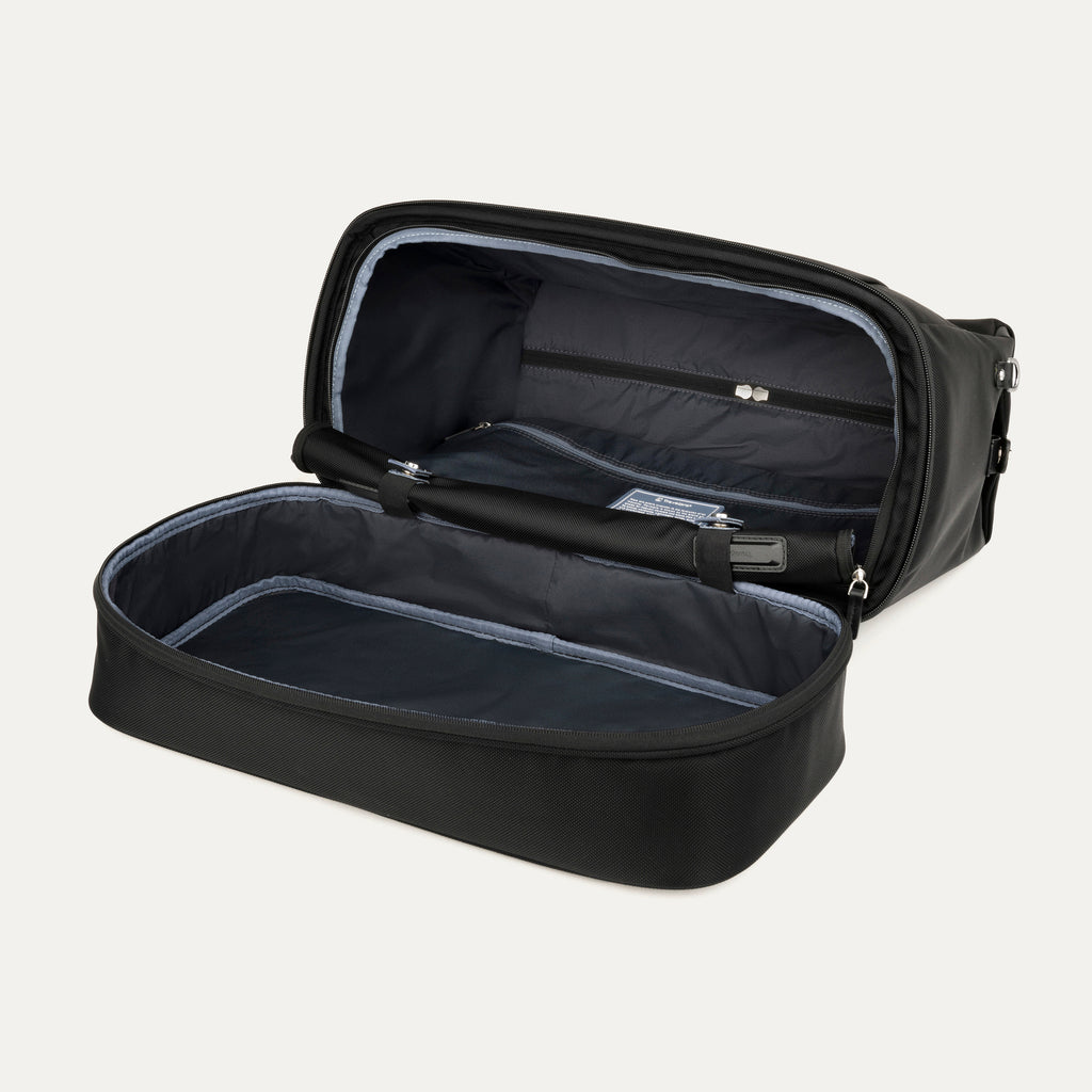fully opened main compartment of the black travelpro platinum elite weekender bag, showing the spacious interior with a grey lining and a large zippered pocket for organized packing.