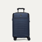 Front view of the Travelpro Platinum Elite Carry-On Hardside Spinner in Aviator Navy, featuring the durable polycarbonate shell, leather-trimmed front branding, and the multi-stop PowerScope Lite handle.