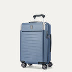 Front 3/4 view of the Travelpro Platinum Elite Carry-On Hardside Spinner in Dark Sky Blue, featuring a durable polycarbonate shell, genuine leather trim, and integrated TSA-approved lock.