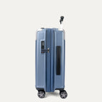 Side profile view of the Travelpro Platinum Elite Carry-On Hardside Spinner in Dark Sky Blue, showing the integrated TSA-approved lock, low-profile side carry handle, and the slim silhouette of the durable polycarbonate shell.