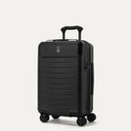 Front 3/4 view of the Travelpro Platinum Elite Carry-On Hardside Spinner in Jet Black, featuring a durable polycarbonate shell, genuine leather trim, and an integrated TSA-approved lock.
