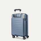 Rear 3/4 view of the Travelpro Platinum Elite Compact Carry-On Hardside Spinner in Dark Sky Blue, showcasing the PowerScope Lite handle and the durable, textured polycarbonate back panel.