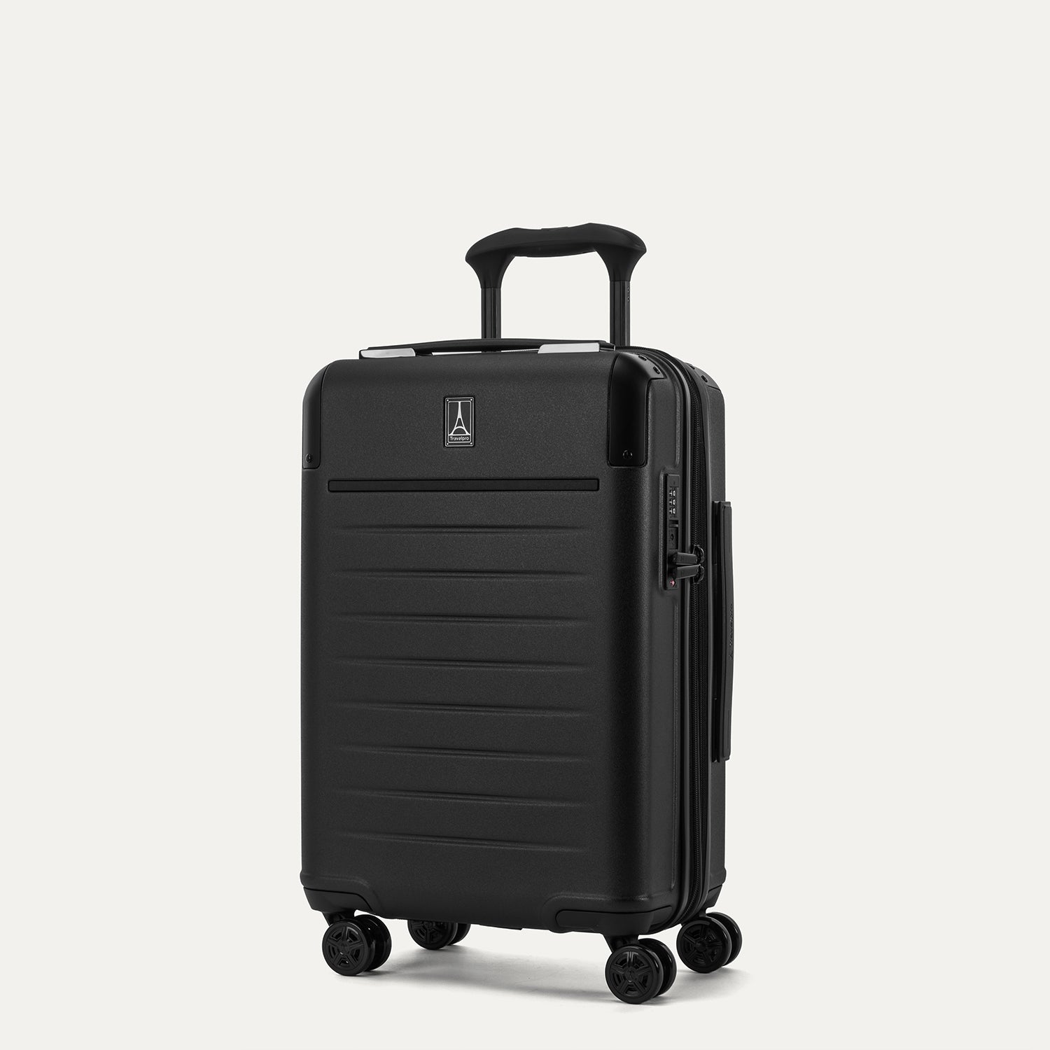 Front 3/4 view of the Travelpro Platinum Elite Compact Carry-On Hardside Spinner in Jet Black, featuring a high-durability polycarbonate shell, chrome logo, and dual spinner wheels.