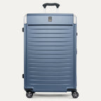 Front view of the Travelpro Platinum Elite Large Check-In Hardside Spinner in Dark Sky Blue, featuring a high-impact polycarbonate shell, aluminum corner armor, and genuine leather trim.