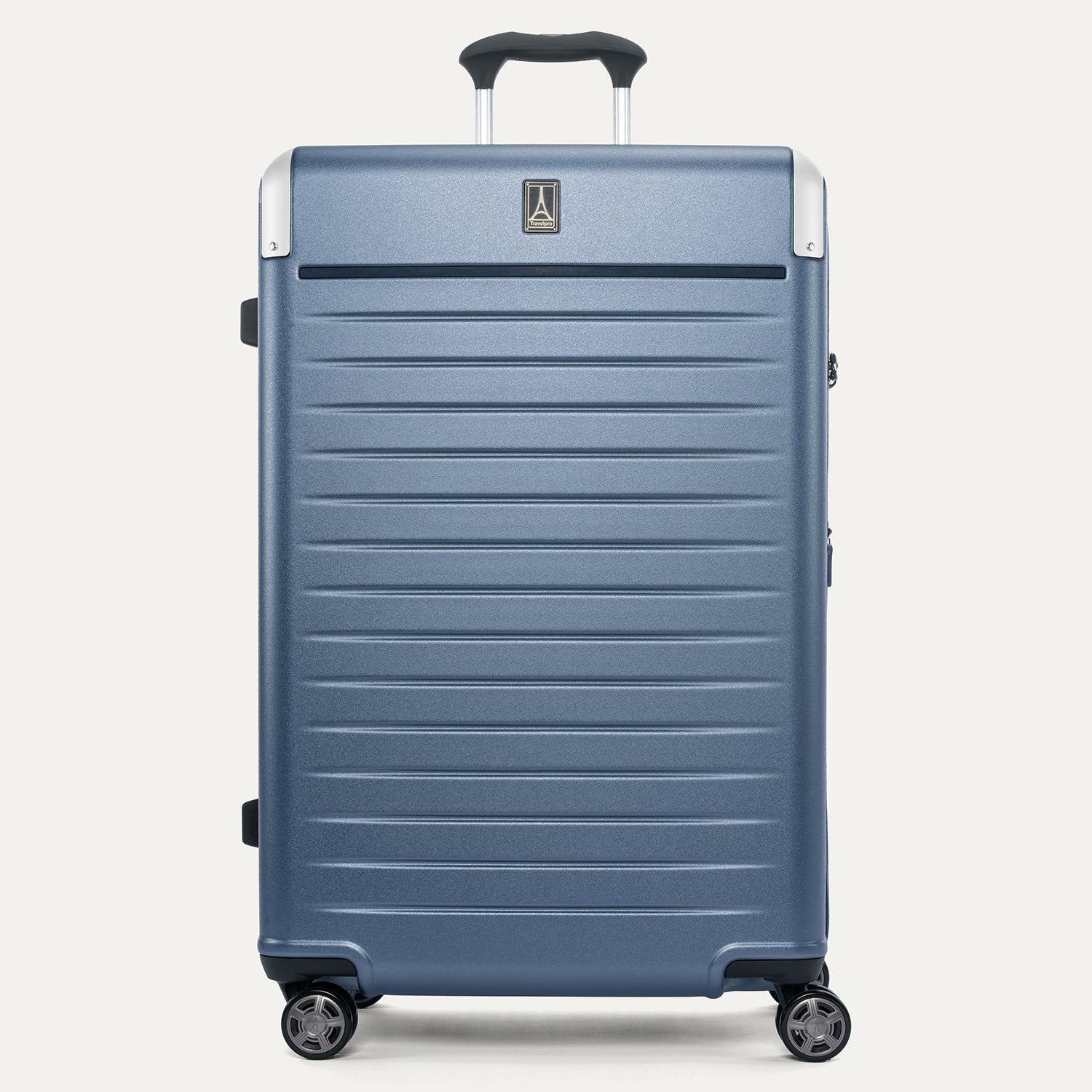 Front view of the Travelpro Platinum Elite Large Check-In Hardside Spinner in Dark Sky Blue, featuring a high-impact polycarbonate shell, aluminum corner armor, and genuine leather trim.