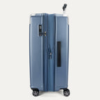 Side profile view of the Travelpro Platinum Elite Large Check-In Hardside Spinner in Dark Sky Blue, showing the expansion zipper, integrated TSA-approved lock, and side carry handle.