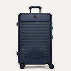 Travelpro Platinum Elite Medium Check-In Hardside Spinner in Aviator Navy, showing the adjustable PowerScope Lite handle, integrated TSA lock, and smooth-rolling dual spinner wheels.