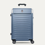 Front view of the Travelpro Platinum Elite Medium Check-In Hardside Spinner in Dark Sky Blue, featuring a durable polycarbonate shell, polished aluminum corner armor, and genuine leather trim.