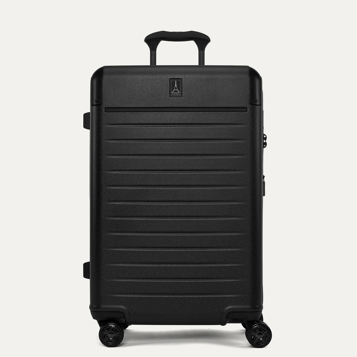 Front view of the Travelpro Platinum Elite Medium Check-In Hardside Spinner in Jet Black, featuring a durable polycarbonate shell, polished aluminum corner armor, and genuine leather trim.