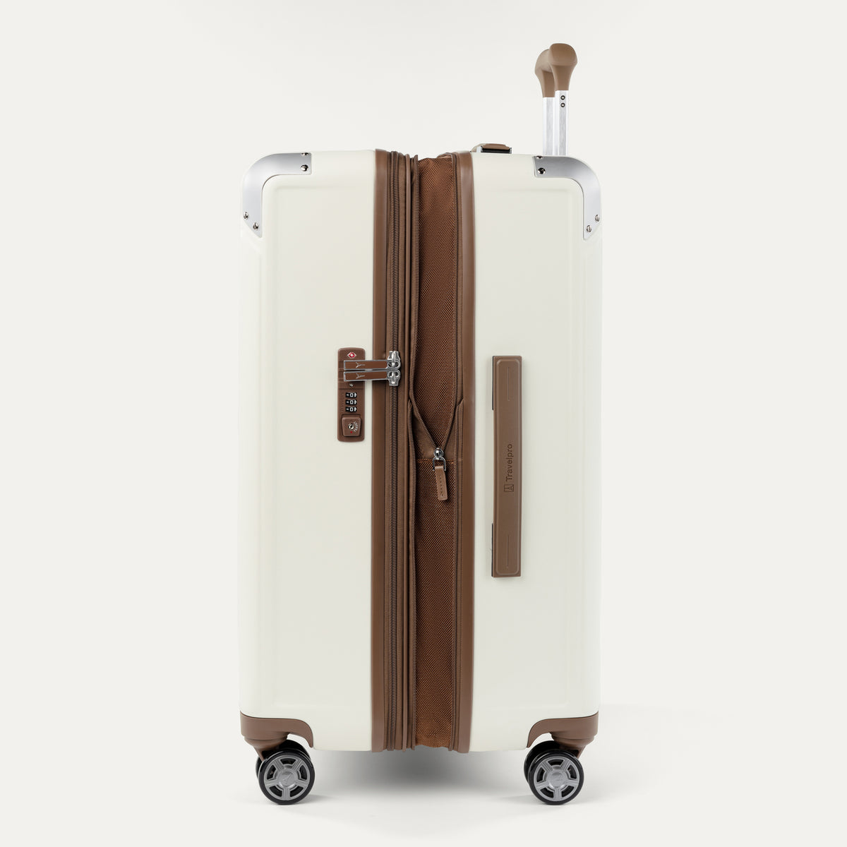 "Side profile view of the Travelpro Platinum Elite Medium Check-In Hardside Spinner in Cream White, highlighting the zippered expansion capability, integrated TSA-approved lock, and brown leather-trimmed side carry handle."