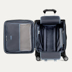 overhead interior view of the shadow black travelpro platinum® elite international carry-on spinner, showing the main compartment with adjustable tie-down straps, a zippered lid pocket, and the grey ecofab™ recycled lining.