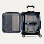 open interior view of the shadow black travelpro platinum® elite international carry-on spinner, showing the grey ecofab™ recycled lining, accessory pockets, and a removable tsa-compliant quart-size wet pocket.