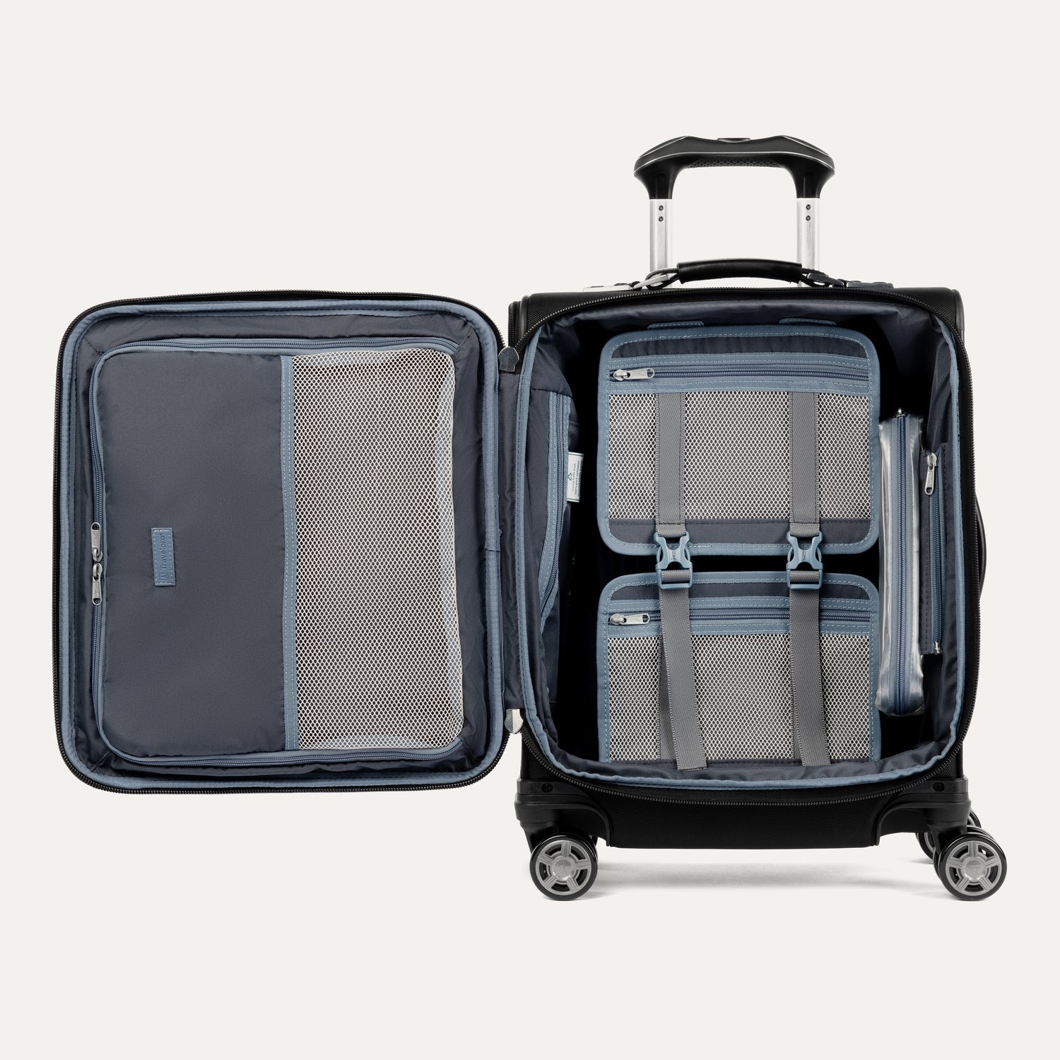 open interior view of the shadow black travelpro platinum® elite international carry-on spinner, showing the grey ecofab™ recycled lining, accessory pockets, and a removable tsa-compliant quart-size wet pocket.