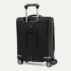 rear-angled view of the shadow black travelpro platinum® elite international carry-on spinner, showing the external usb port with flip cover, the integrated power bank pocket, and the adjustable powerscope extension handle.