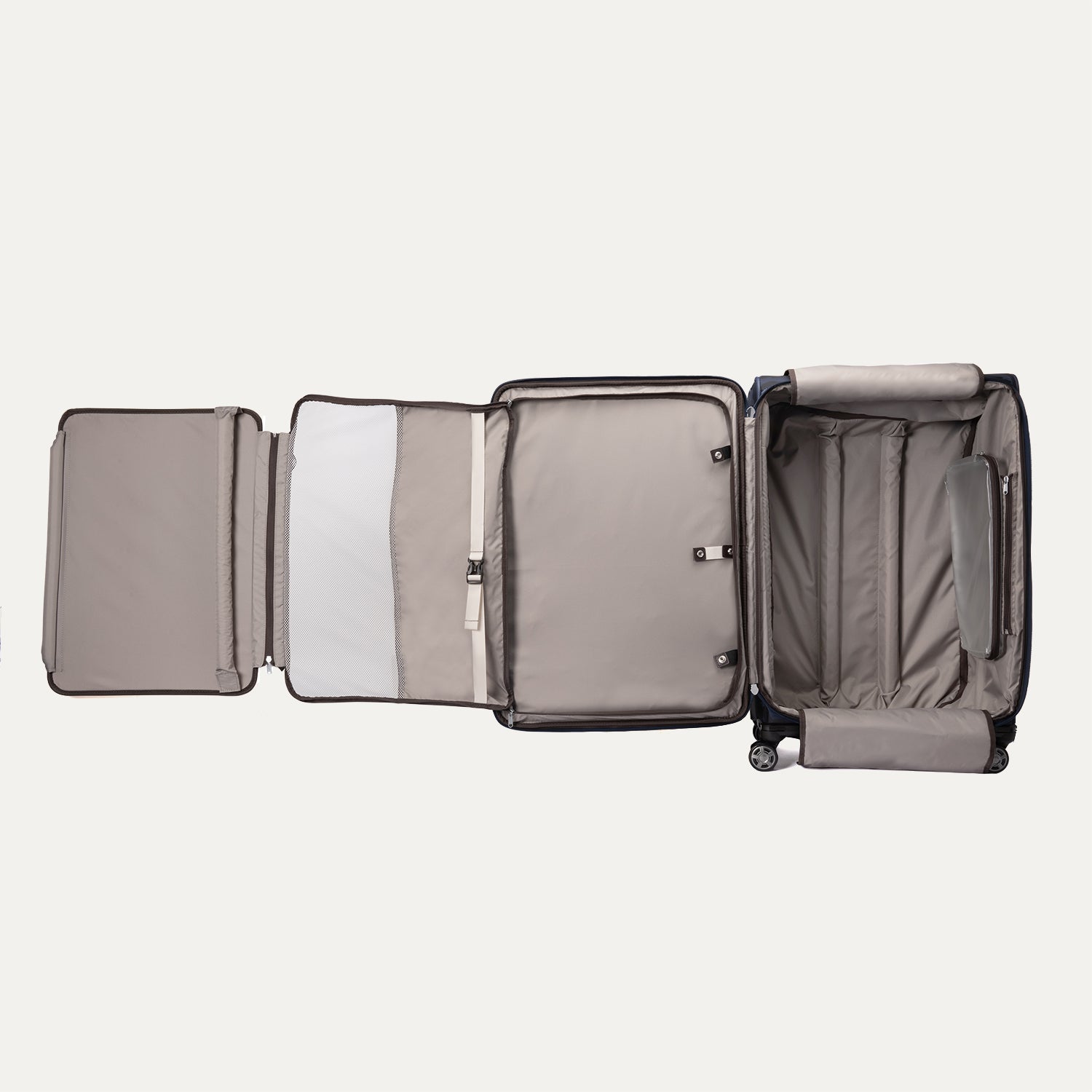 
fully opened interior view of the navy camouflage travelpro platinum elite large check-in spinner, showing the light grey ecofab lining, zippered mesh divider, built-in suiter, and adjustable tie-down straps with accessory pockets.