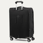 rear view of the shadow black travelpro platinum elite medium check-in softside spinner, showing the extension handle system and the durable back panel protection for frequent travel.