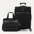 a 2-piece travel luggage set in shadow black featuring the travelpro platinum elite drop-bottom weekender bag and the medium check-in softside spinner, shown against a white background with premium leather accents.