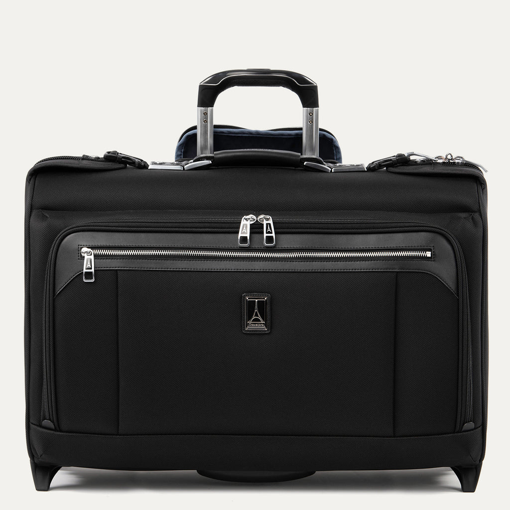 Front view of Travelpro Platinum Elite Carry-On Rolling Garment Bag in Shadow Black, showing the low-profile design and airline-grade PowerScope extension handle