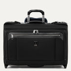 Front view of Travelpro Platinum Elite Carry-On Rolling Garment Bag in Shadow Black, showing the low-profile design and airline-grade PowerScope extension handle