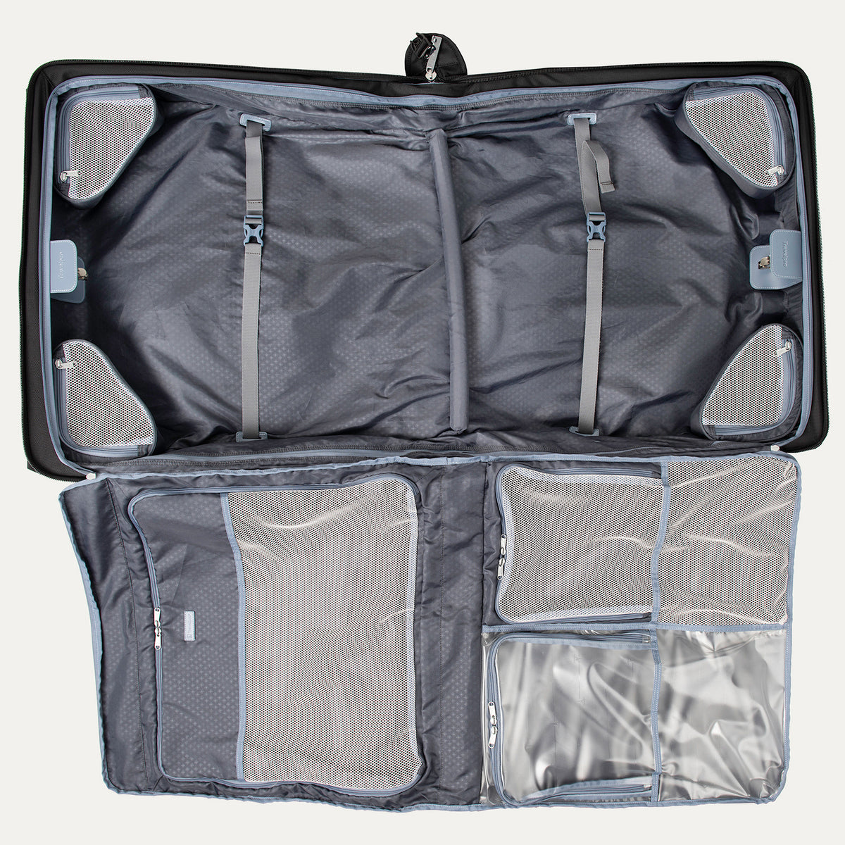 close-up interior view of the shadow black travelpro platinum® elite rolling garment bag, showing the padded roll bar and the heavy-duty hanger clamp designed to secure multiple suits or dresses and prevent wrinkling during travel.