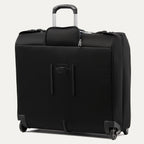 rear view of the shadow black travelpro platinum® elite rolling garment bag, showing the integrated trolley strap for stacking on other luggage and the powerscope extension handle with a contoured grip.