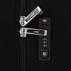 close-up view of the integrated tsa-compliant combination lock on the shadow black travelpro platinum® elite rolling garment bag, showing two chrome zipper pulls secured into the locking mechanism.