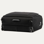 side and bottom view of the shadow black travelpro platinum® elite rolling garment bag, showing the two high-performance ball-bearing wheels, protective wheel housings, and the bottom stabilizer bar that keeps the bag upright.