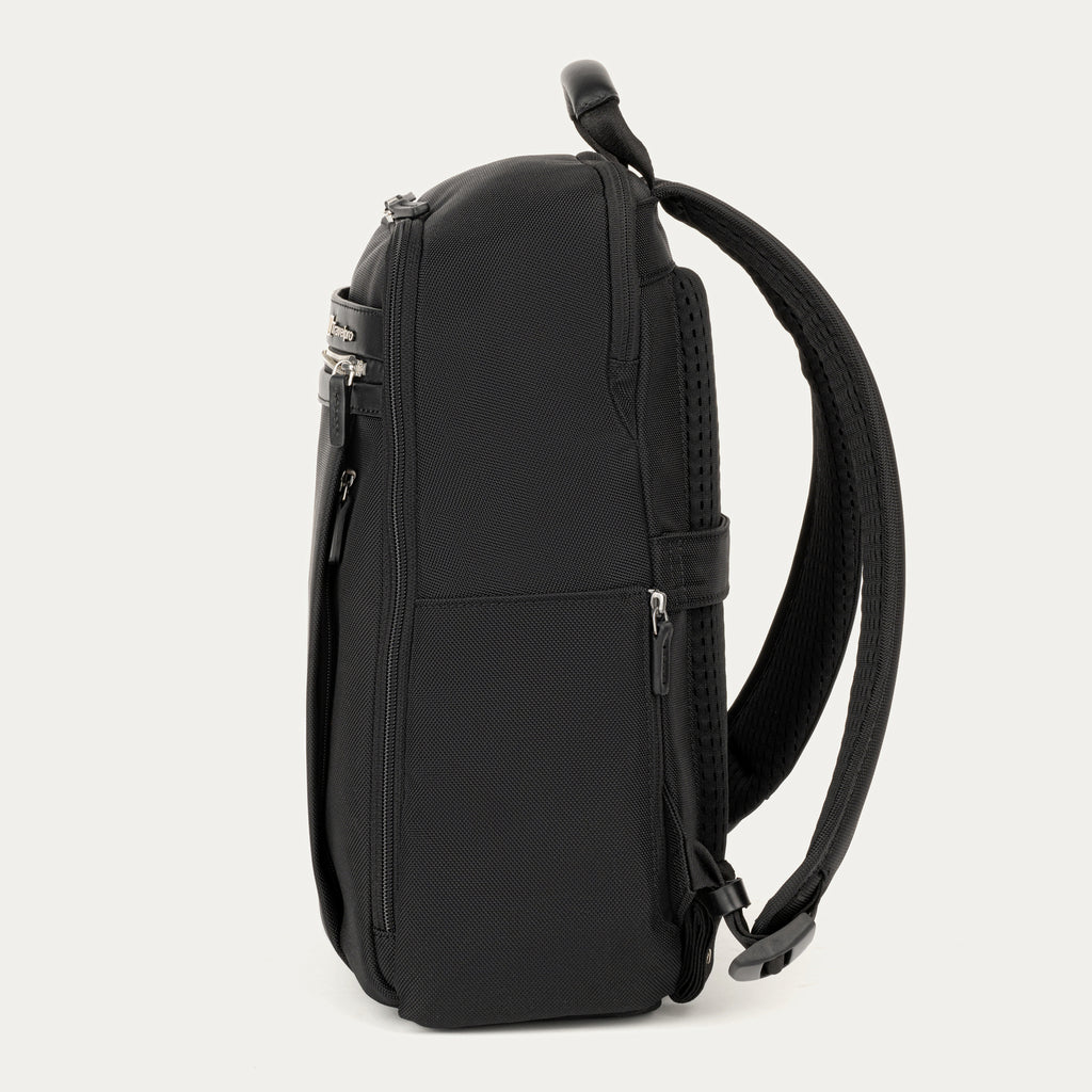 side profile of the shadow black travelpro platinum® elite slim laptop backpack 16l, showing a white reusable water bottle tucked into the integrated side pocket with leather trim.