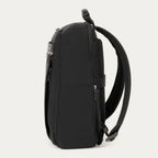 side profile of the shadow black travelpro platinum® elite slim laptop backpack 16l, showing a white reusable water bottle tucked into the integrated side pocket with leather trim.