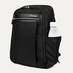 side profile of the shadow black travelpro platinum® elite slim laptop backpack 16l, showing a white reusable water bottle tucked into the integrated side pocket with leather trim.