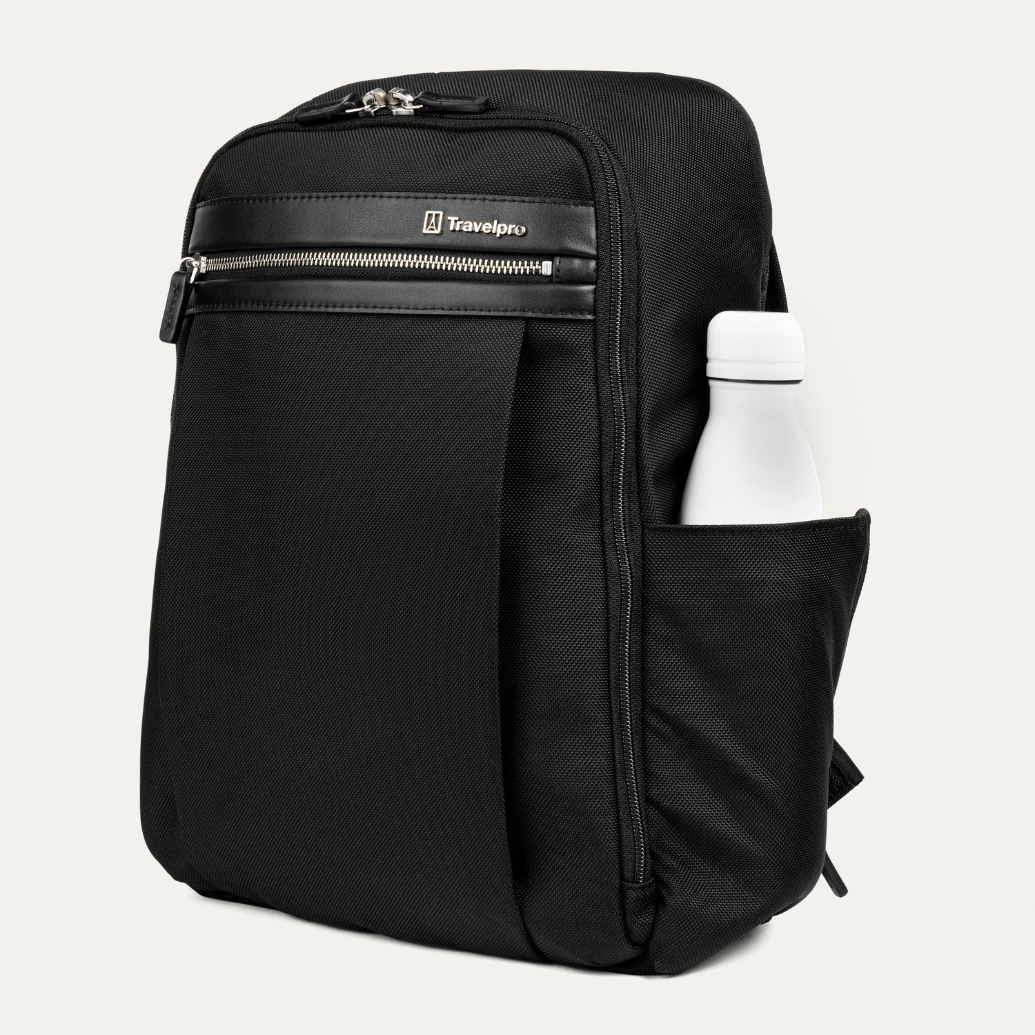 side profile of the shadow black travelpro platinum® elite slim laptop backpack 16l, showing a white reusable water bottle tucked into the integrated side pocket with leather trim.