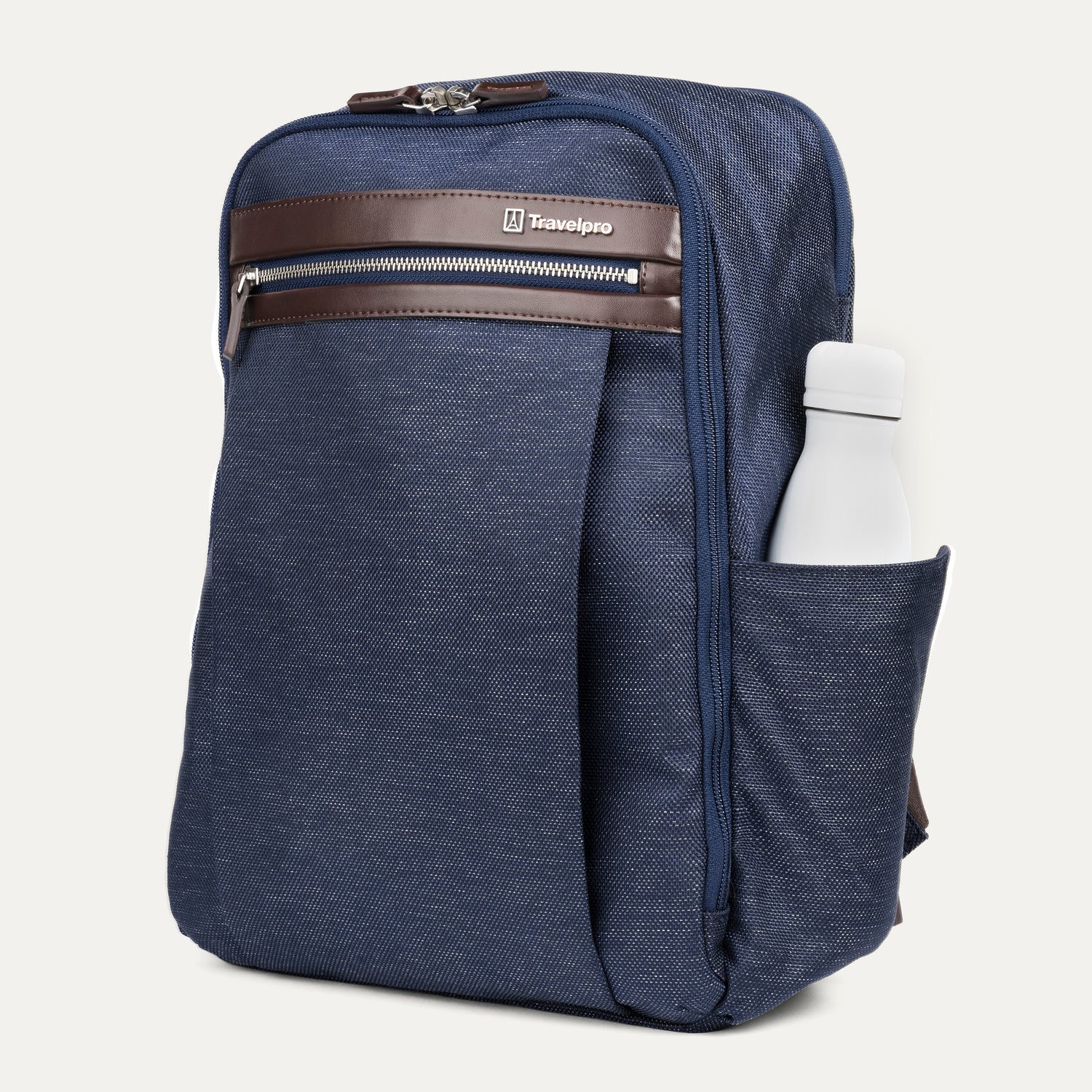side profile of the true navy travelpro platinum® elite slim laptop backpack 16l, showing a white reusable water bottle tucked into the integrated side pocket with dark brown leather trim.
