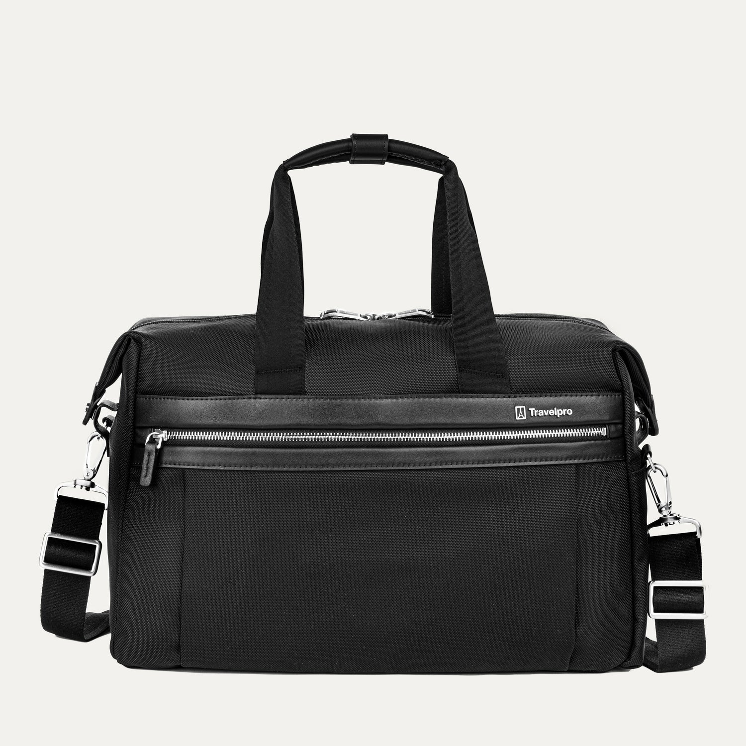front view of the black travelpro platinum elite underseat tote featuring a textured black fabric, matching black leather trim and handles, chrome hardware, and a removable shoulder strap.