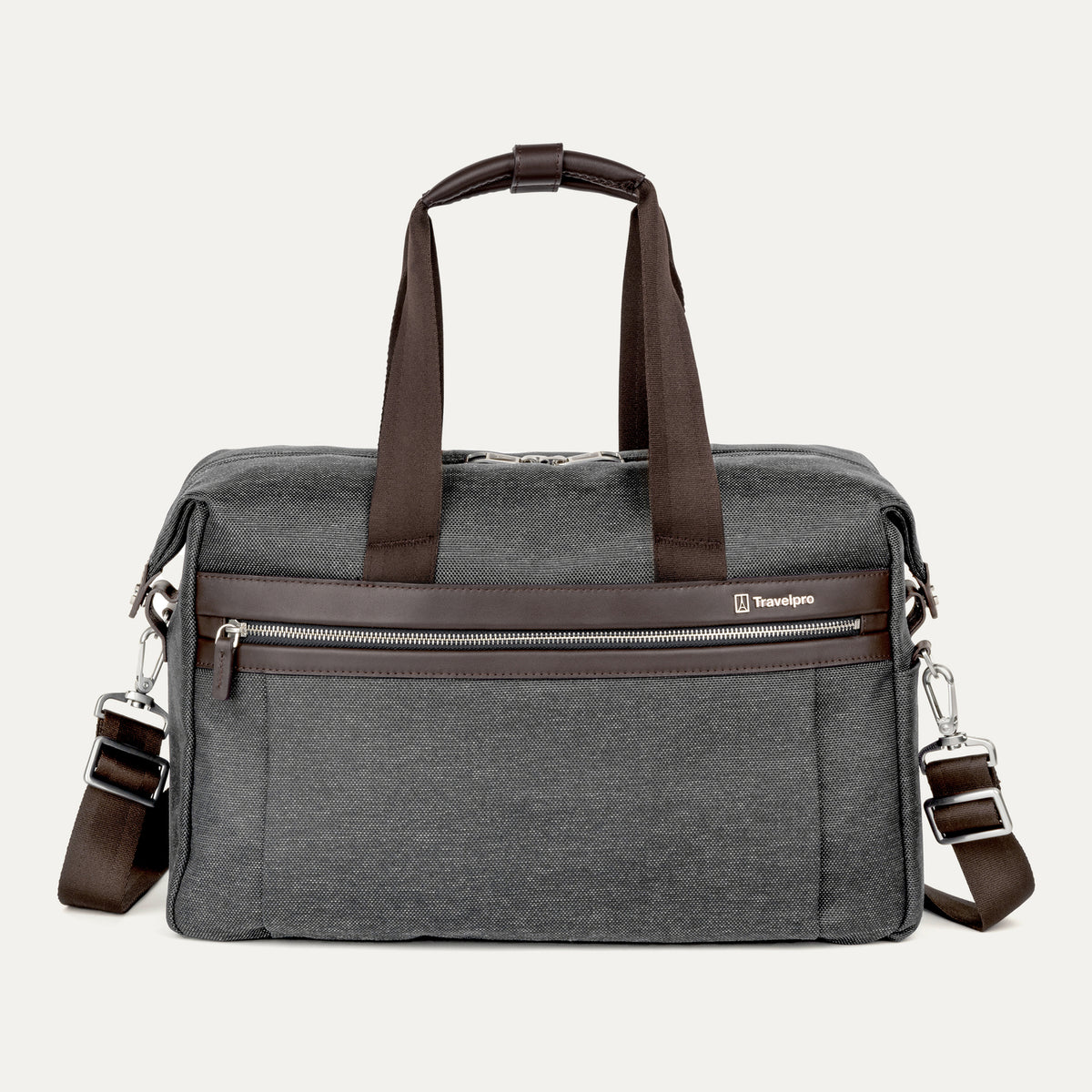 front view of the vintage grey travelpro platinum elite underseat tote featuring a textured grey fabric, brown leather trim and handles, chrome hardware, and a removable shoulder strap.