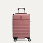 Front view of Travelpro x Travel and Leisure Compact Carry-On Expandable Spinner in Astro Dust Red, featuring 100% polycarbonate hard shell and zinc corner armor