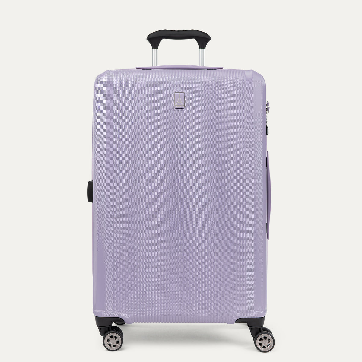 Front view of Travelpro WalkAbout 6 Medium Check-in Hardside Spinner in Violet, featuring a lightweight polycarbonate shell and high-performance 360-degree spinner wheels
