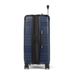 Side view of Travelpro Roundtrip Medium Check‑In Expandable Spinner in Navy, showing textured hardshell design, expansion zipper open, black telescoping handle, and four spinner wheels against white background.